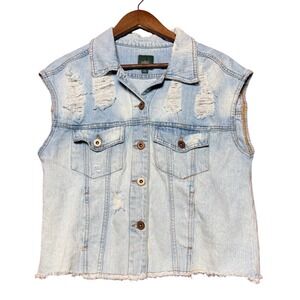 Wild Fable Light Wash Distressed Denim Vest Women XL Sleeveless Trucker Jacket